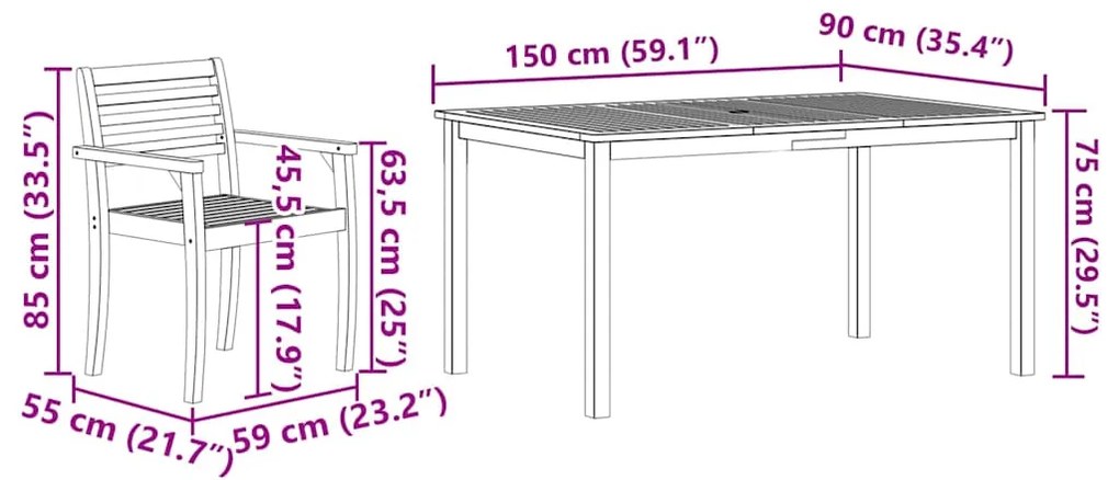 Conjunto de Jantar 5 pcs Marrom Natural 150 x 90 x 74 cm