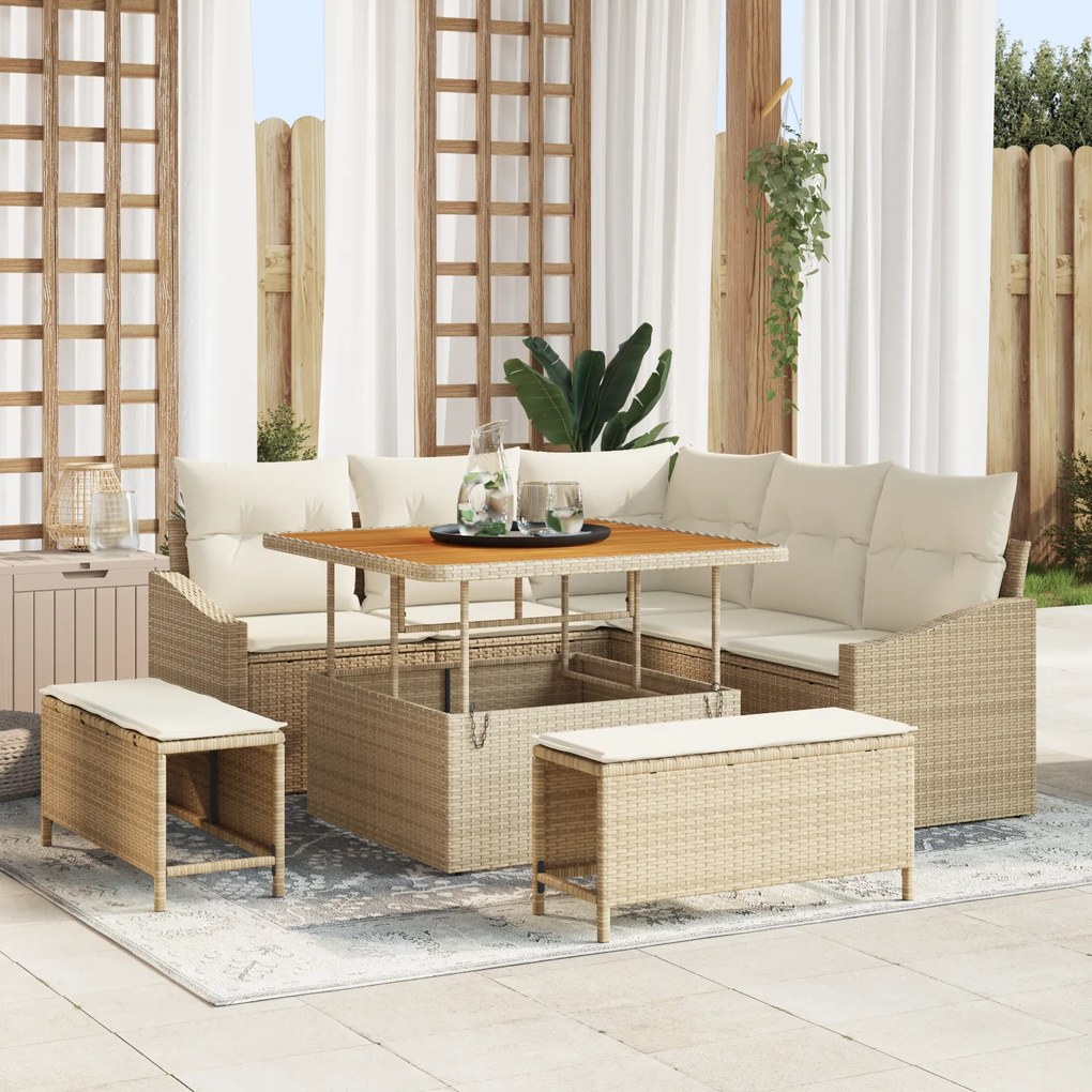 Conjunto de Sofá de Jardim com 8 Peças e Almofadas Bege Rattan de Poli Acácia