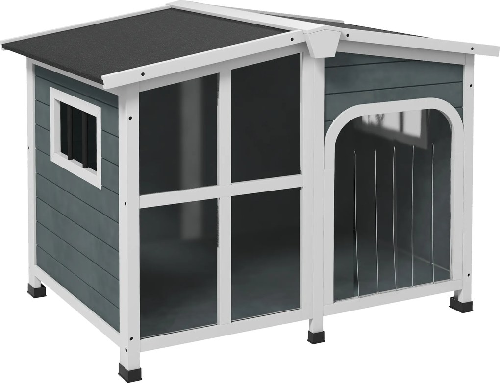 PawHut Casa para Cães de Madeira com Teto Abatível Porta com Cortina e Fundo Amovível 101x66,5x70,5cm Cinza Escuro | Aosom Portugal