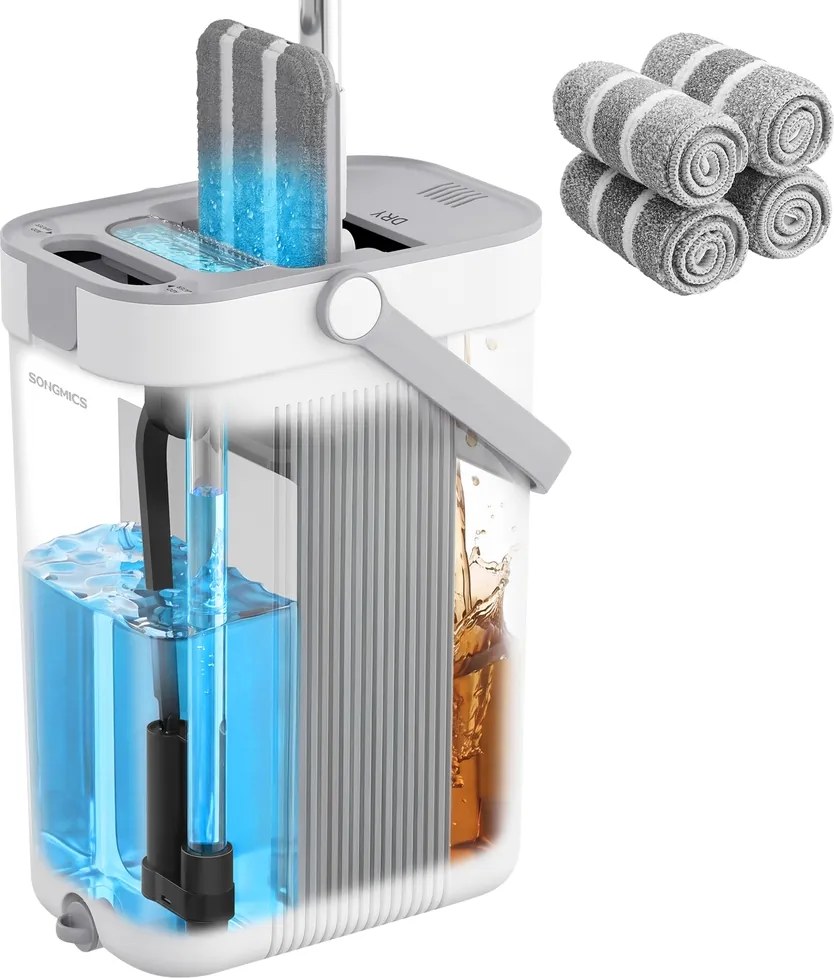 Conjunto de esfregona, 4 capas, com balde e separador branco-cinzento