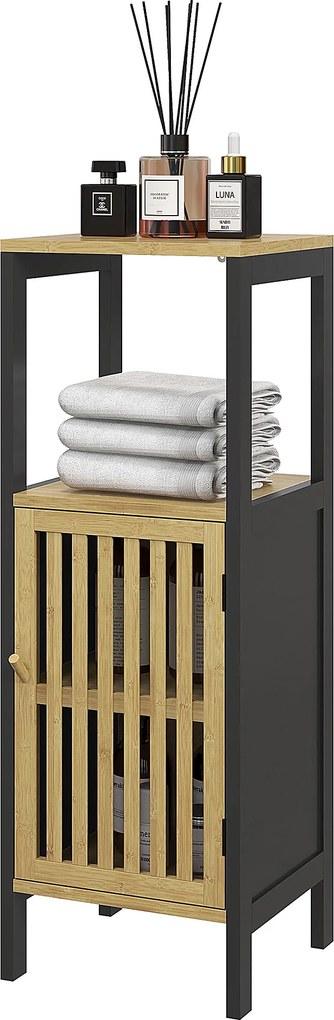Móvel baixo de casa de banho 32 x 30 x 90,5 cm em bambu com armário de 1 porta e compartimento aberto, preto e cor madeira