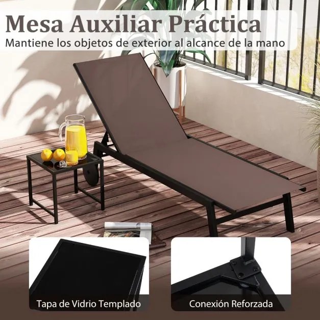 Conjunto de jardim com Espreguiçadeira jardim Tecido respirável Encosto ajustável Rodas e  Mesa de vidro temperado Castanho