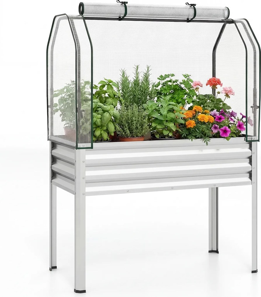 Floreira elevada com estufa 112 x 55 x 152 cm, canteiro de jardim em metal galvanizado com cobertura de proteção e porta enrolável para pátio, terraço