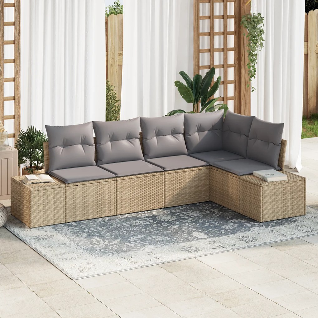 Conjunto de Sofá de Jardim de 5 Peças com Almofadas Beige em Poly Ratt