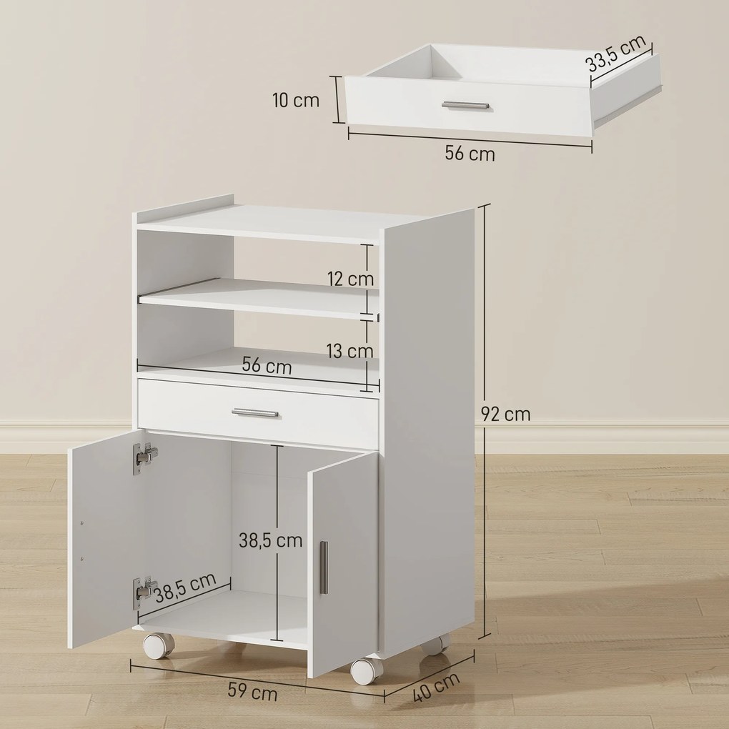Carrinho de cozinha com rodas 59 x 40 x 92 cm, carrinho para micro-ondas com rodas, armário, gaveta e prateleiras, branco