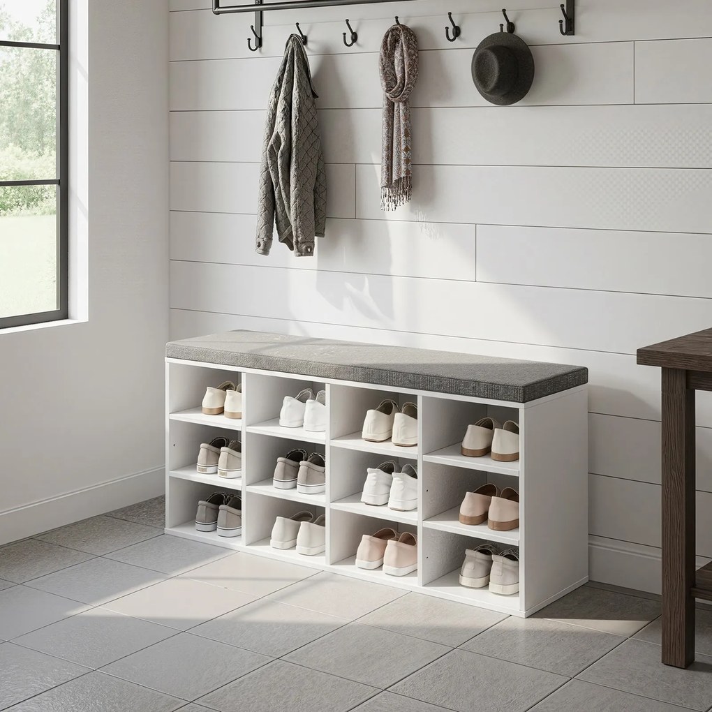 Banco sapateira com espaço de arrumação 12 compartimentos 30,3 x 104 x 48 cm branco clássico