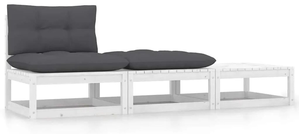 3 pcs conjunto lounge jardim c/ almofadões pinho maciço branco
