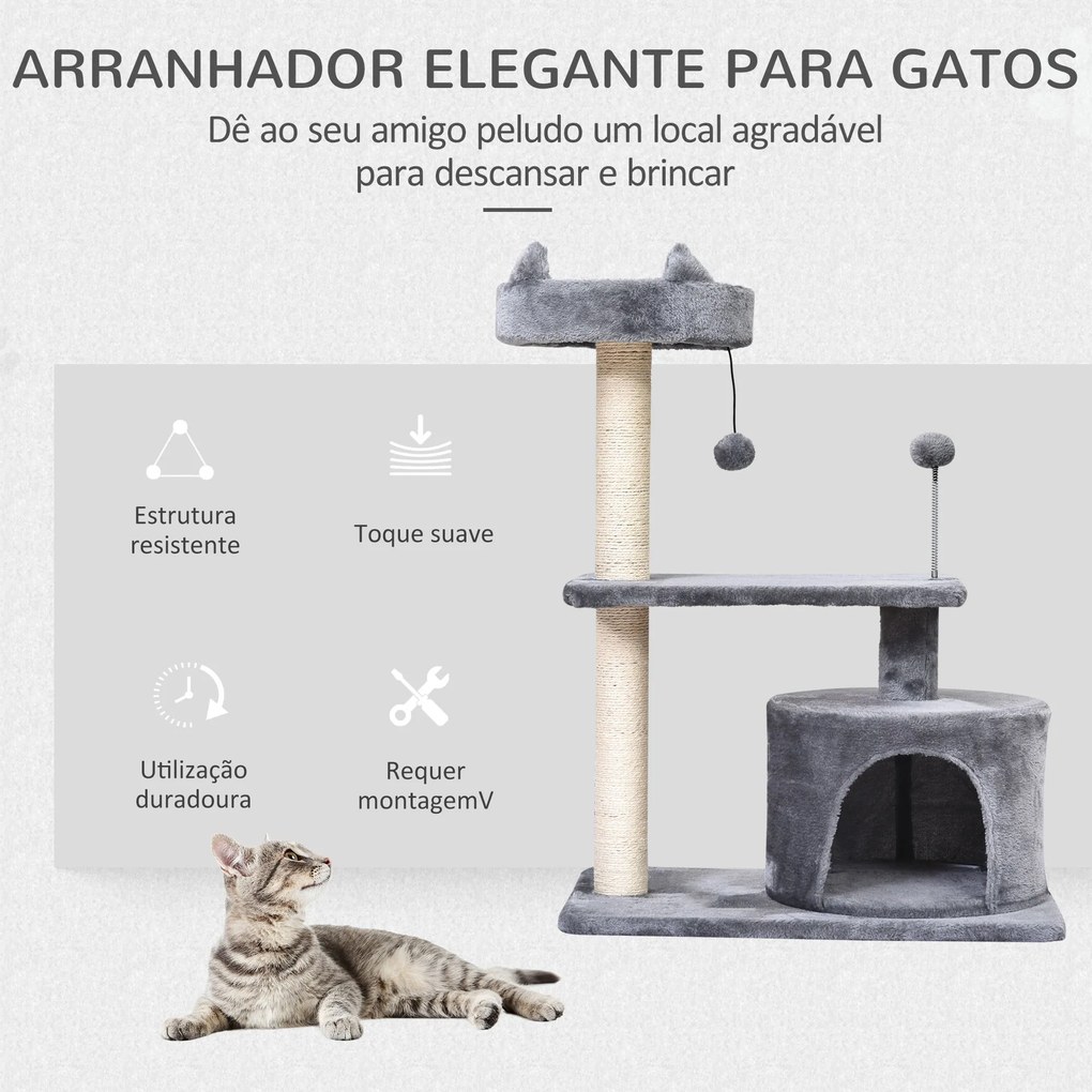 Árvore Arranhador para Gatos Médios com Cama Plataforma Caverna Poste de Sisal e Bolas de Brinquedo 60x40x81 cm Cinza