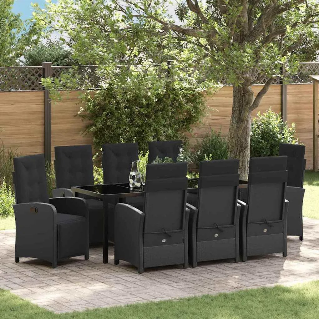 vidaXL Conjunto de Jantar de Jardim com 9 Peças e Almofadas Pretas em Rattan Sintético