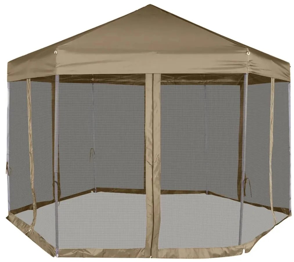 Tenda pop-up hexágono c/paredes 3,6x3,1m 220g/m² cinza-castanho