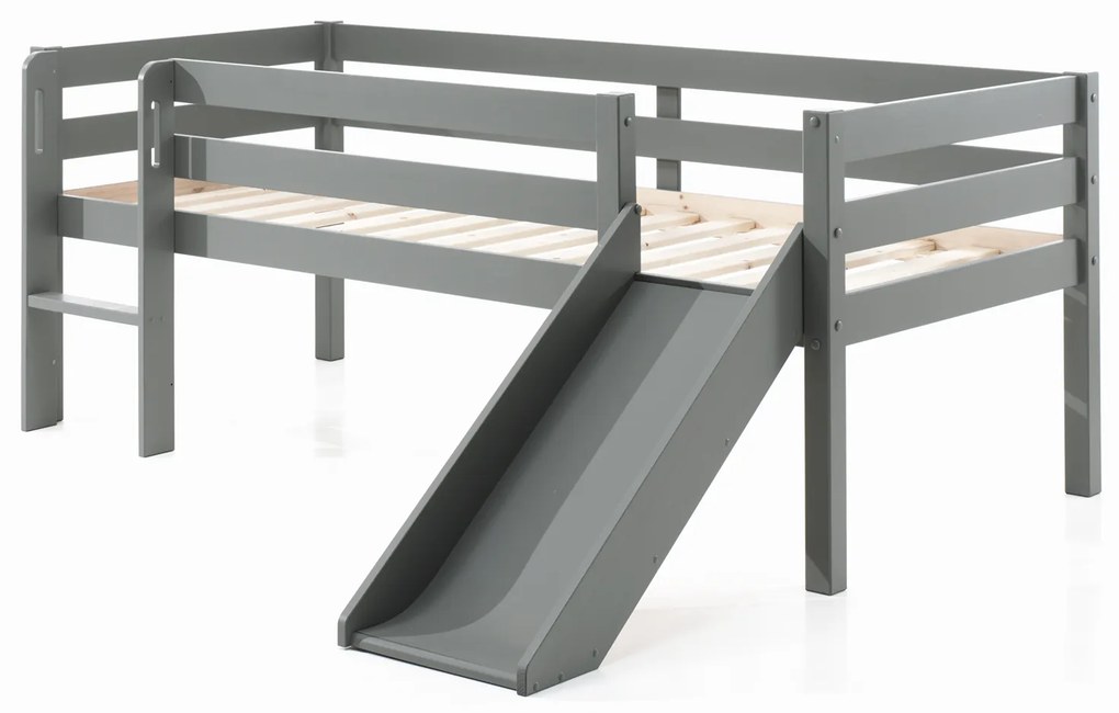 Conjunto Cama alta de Criança PINO 90 x 200 cm + estrado + escada + escorrega + prateleira suspensa Cinzenta
