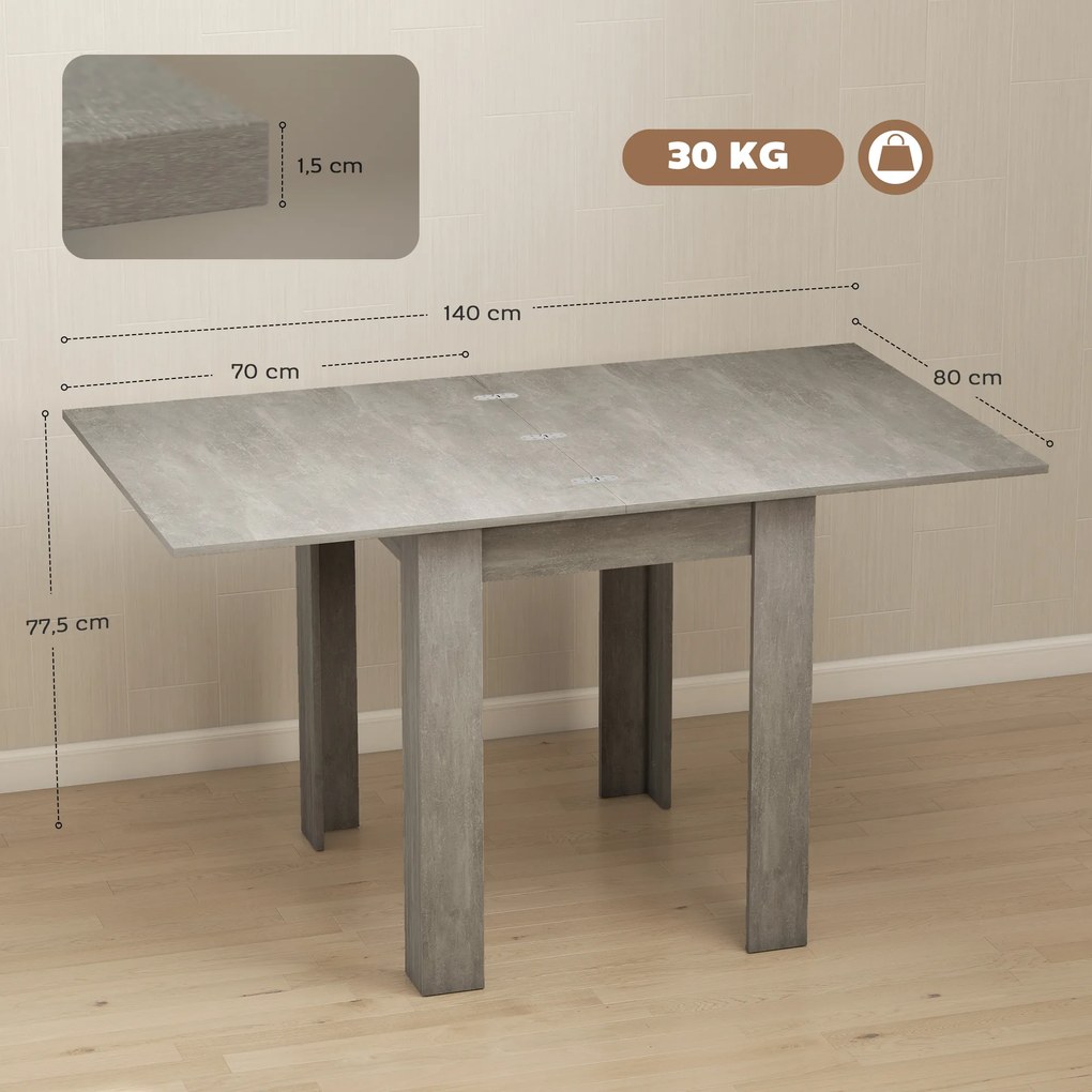 Mesa de Jantar Extensível Retangular, 140 x 80 x 77,5 cm, Para 4 a 6 Pessoas, Cinzenta