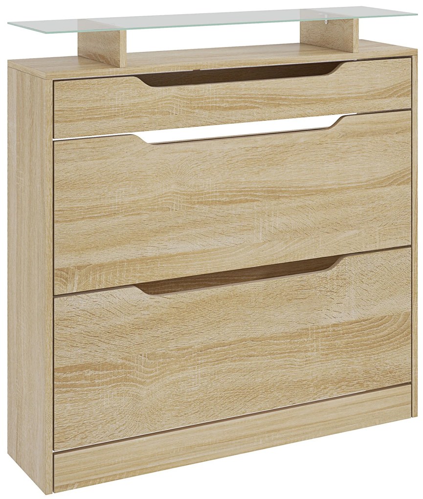 HOMCOM Armário para Sapatos 2 Portas Basculantes 1 Gaveta deslizante 1 Balcão e 1 Prateleira em Vidro Prateleira Ajustável | Aosom Portugal