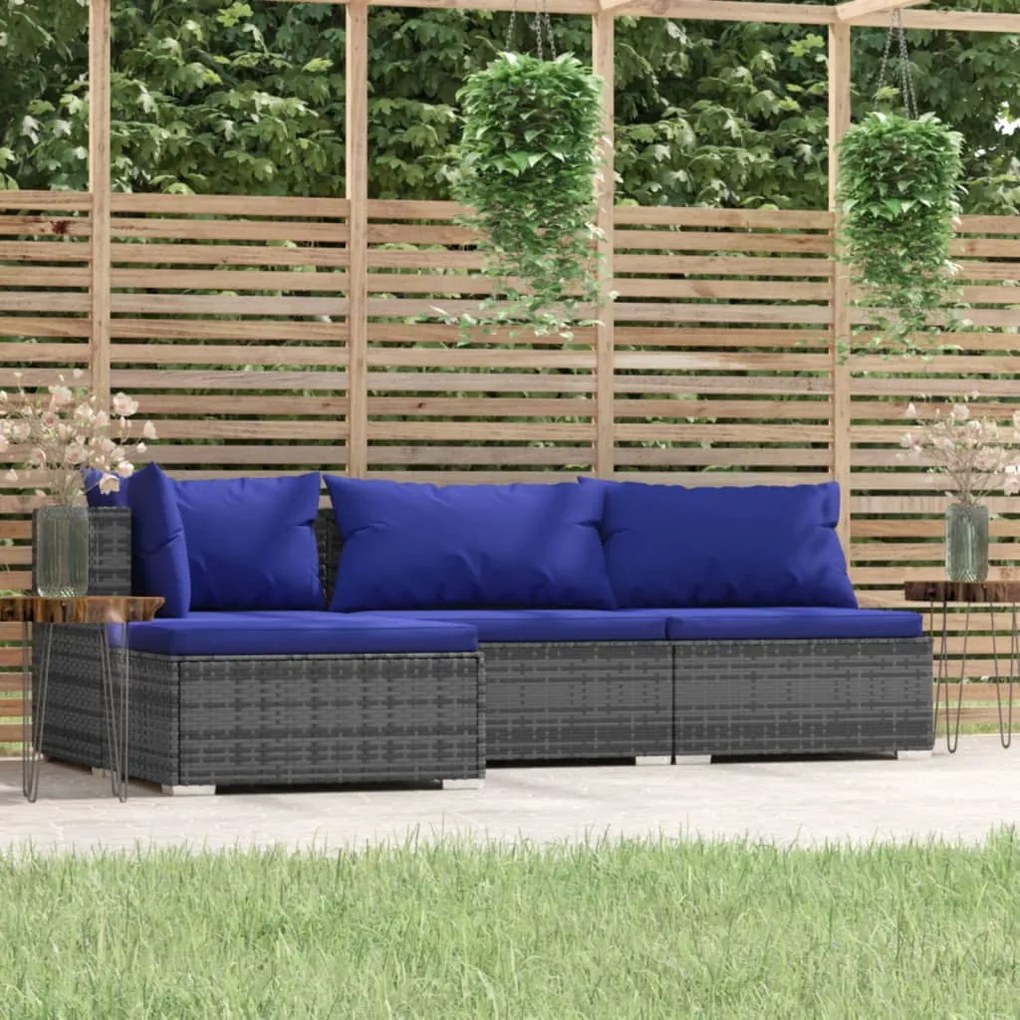 vidaXL 4 pcs conjunto lounge de jardim c/ almofadões vime PE cinzento