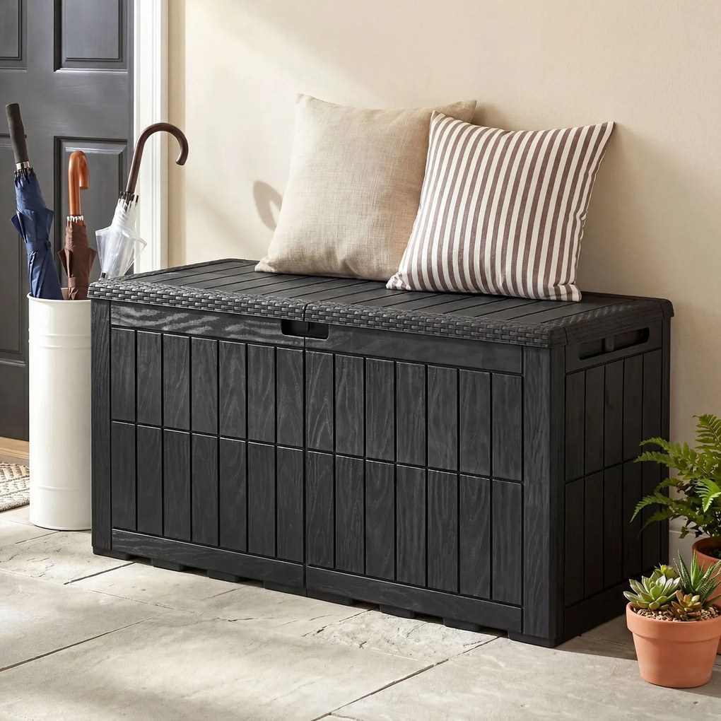 Baú de Arrumação Exterior, 121 x 53 x 61 cm, Função de Banco de Jardim, Preto