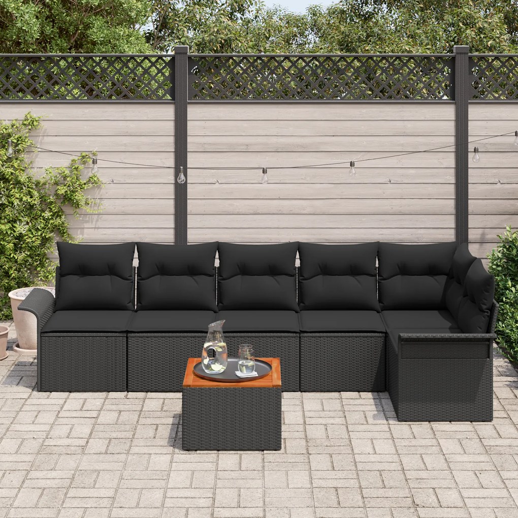 Conjunto de Sofá de 7 Peças para Jardim com Almofadas Preto Rattan Pol