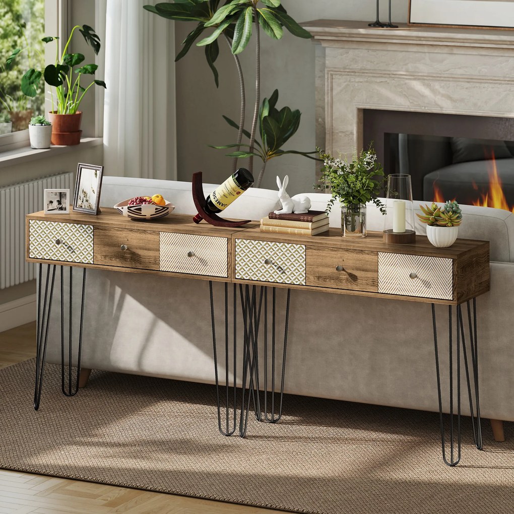 Mesa Consola com 3 Gavetas Consola Estreita para Entrada com Pés de Aço 90x30x75 cm Madeira