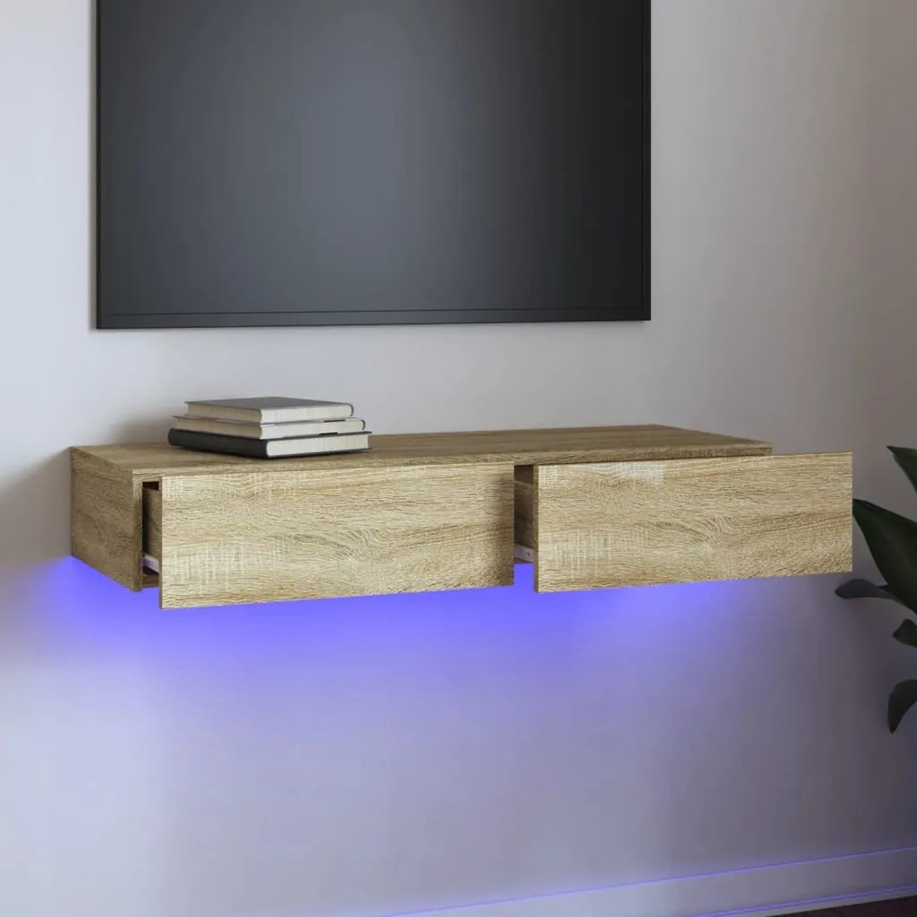 vidaXL Móvel de TV com luzes LED 90x35x15,5 cm carvalho sonoma