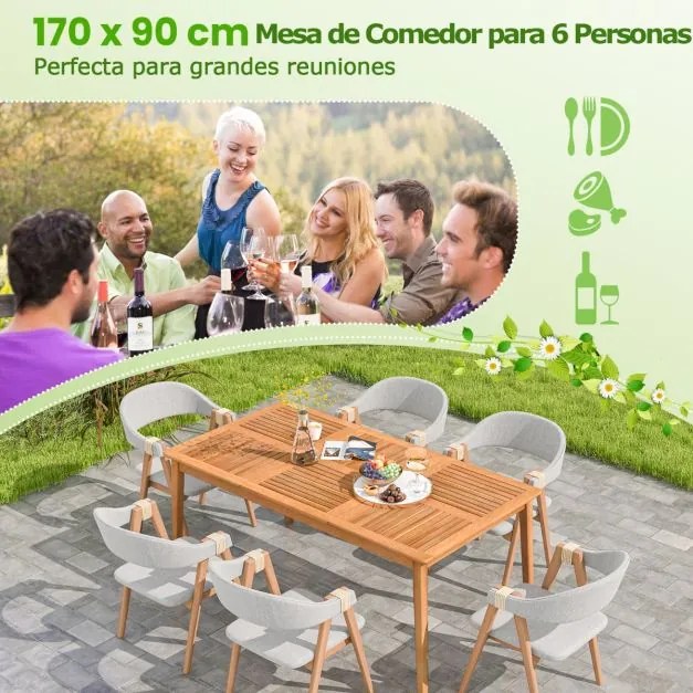 Mesa de jantar jardim para 6 pessoas 170 x 90 x 75,5 cm Madeira de acácia com orifício para guarda-sol de 5 cm Natural