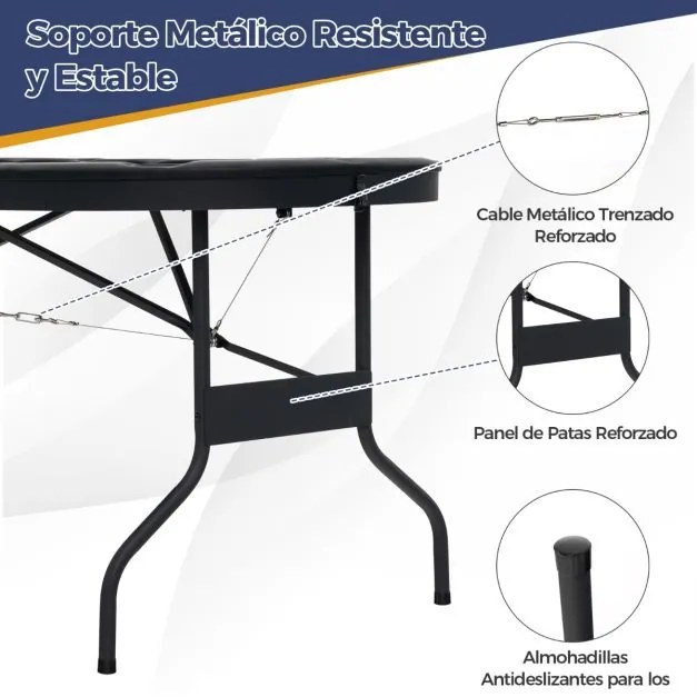 Mesa de póquer dobrável de 182 cm para 8 jogadores oval portátil para jogos com porta-copos e grades acolchoadas para casa Azul