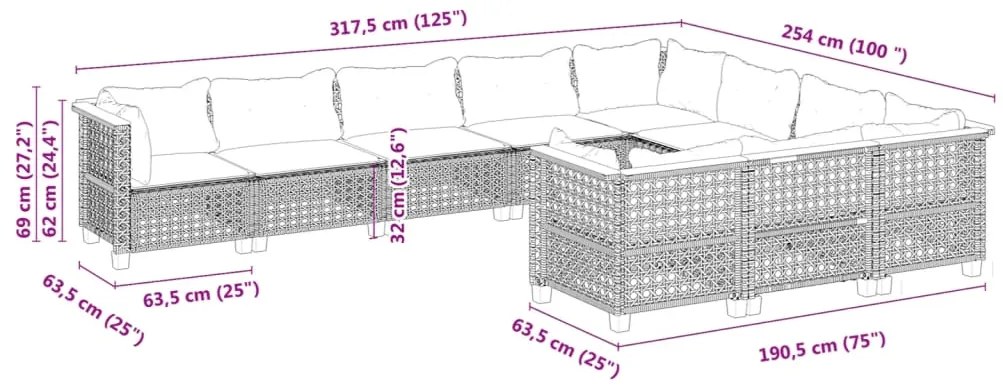 10 pcs conjunto sofás de jardim c/ almofadões vime PE preto