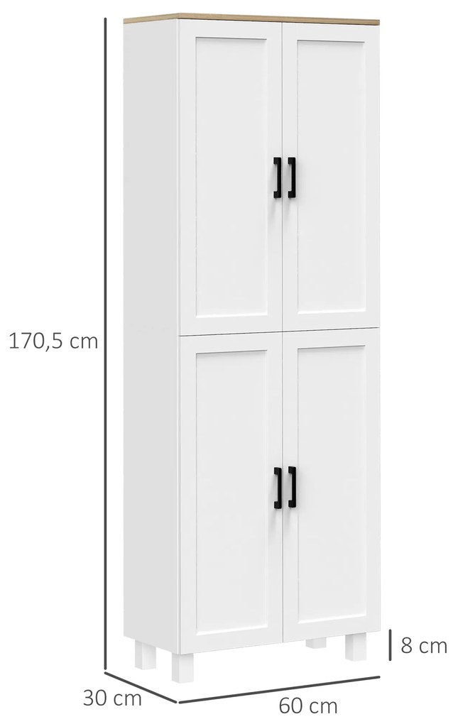 Armário de Cozinha com 4 Portas e Prateleiras Ajustáveis Anti-Tombo 60x30x170,5 cm Branco