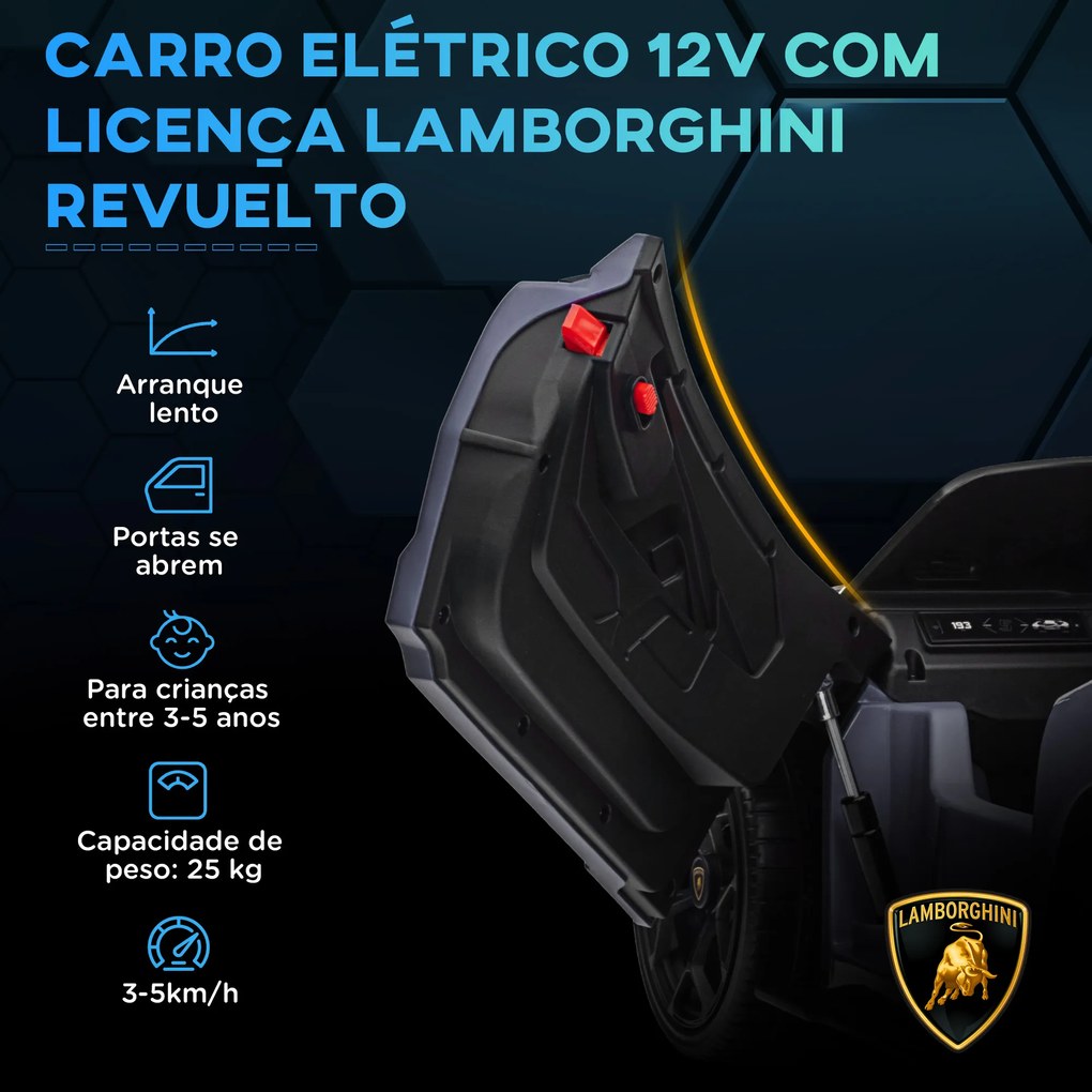 Carro Elétrico para Crianças Carro Lamborghini Revuelto com Bateria 12V Faróis LED e Música 105x60x40 cm Cinza