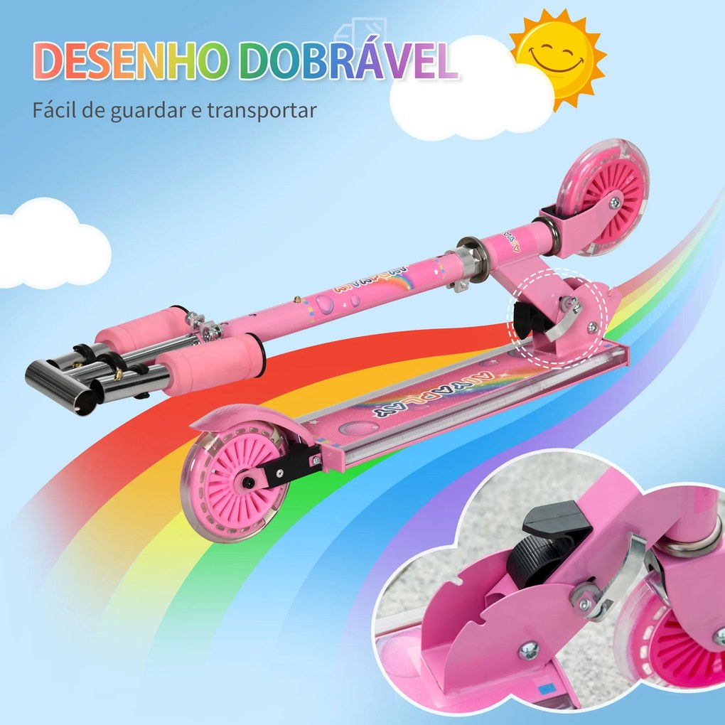 Trotinete para Crianças Dobrável com Luzes e Música 4 Alturas Ajustável Rodas Brilhantes e Pedal LED 67x32x65-78 cm Rosa