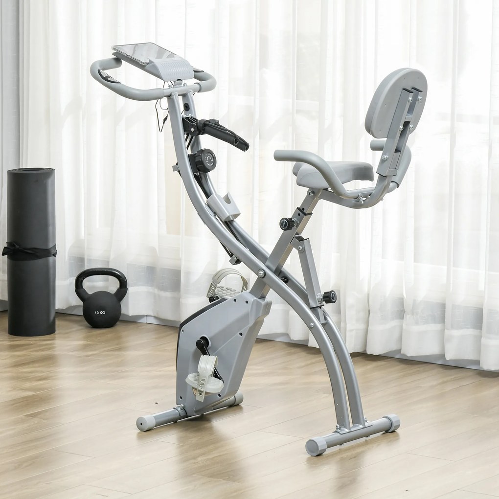 Bicicleta estática dobrável, 8 níveis de resistência magnética, encosto e selim ajustáveis, punhos ergonómicos, preto e cinzento