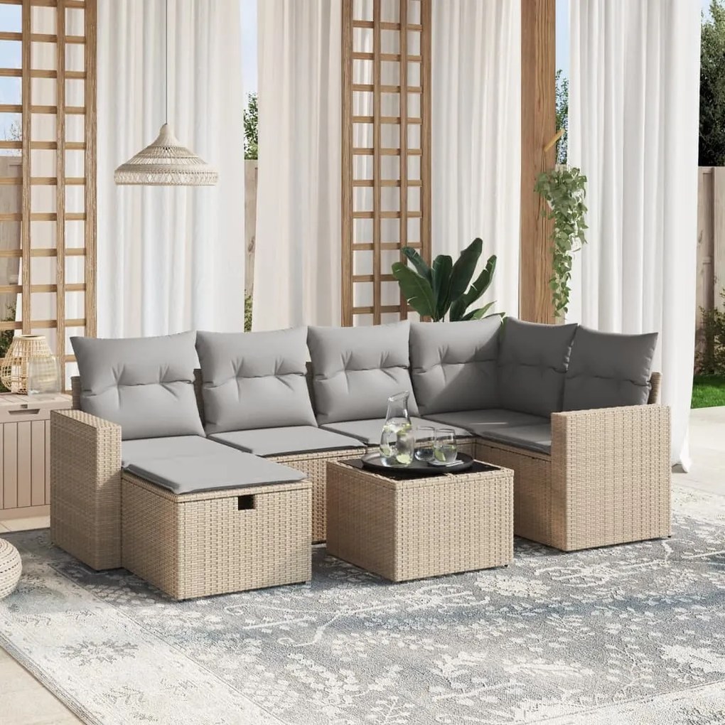 7 pcs conj. sofás jardim c/ almofadões vime PE bege misturado