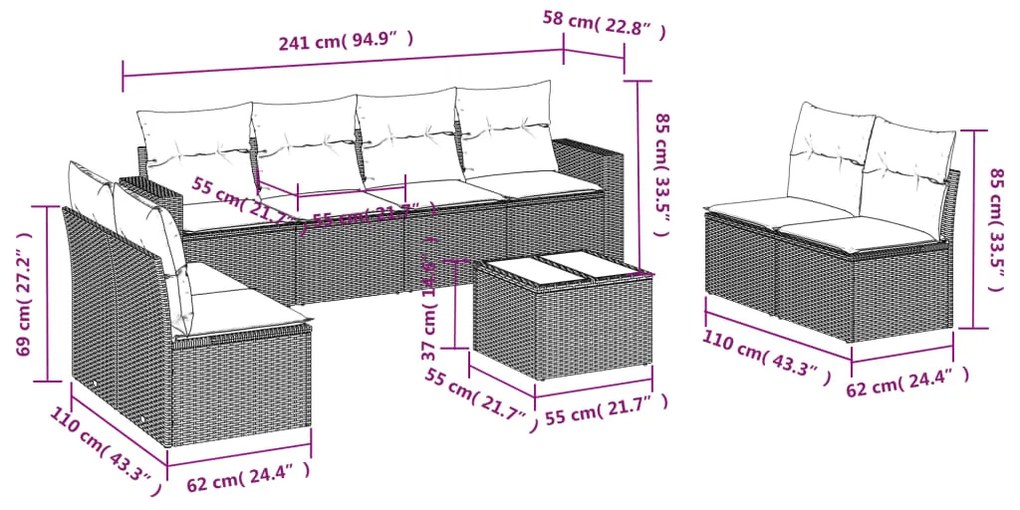 9 pcs conjunto sofás p/ jardim c/ almofadões vime PE castanho
