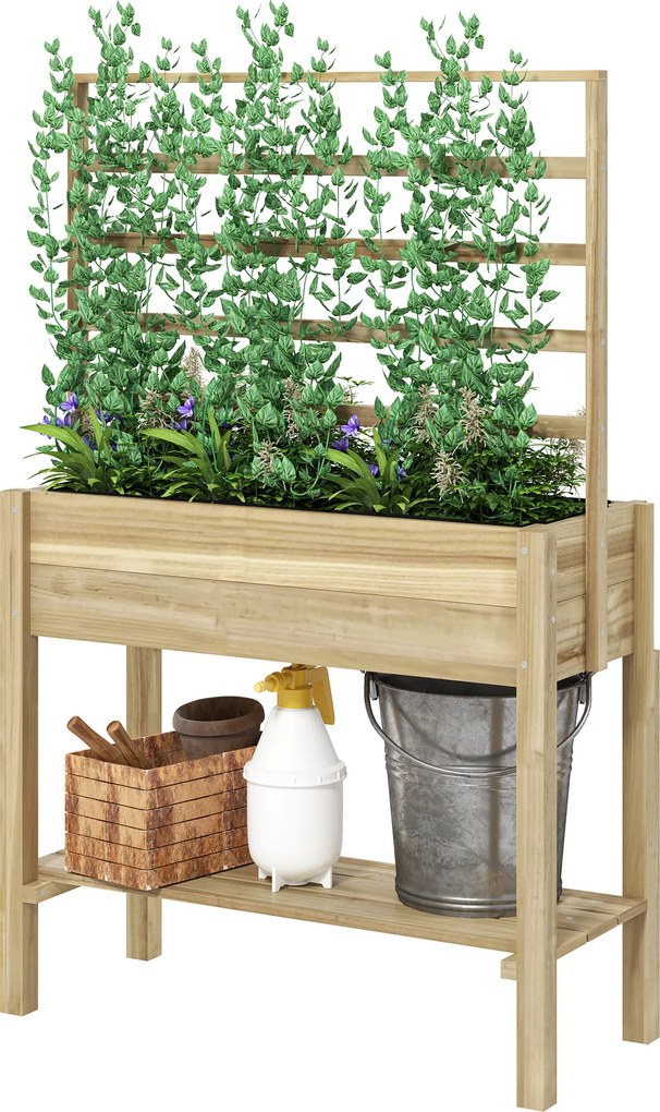 Floreira com pés, floreira de jardim com pés, treliça e prateleira, em madeira, 88 x 37 x 137 cm, madeira natural