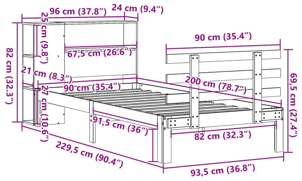 Cama com estante sem colchão 90x200 cm pinho maciço branco