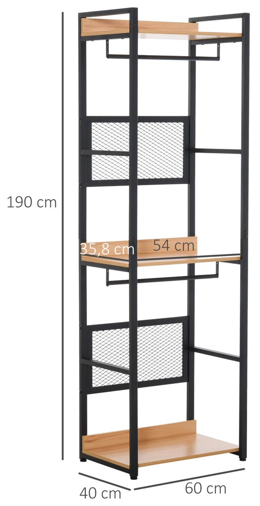 Cabide de entrada 2 em 1 com 3 prateleiras de armazenamento e 2 barras de cabide para corredor Quarto Sala de estar 60x40x190 cm Madeira natural preta