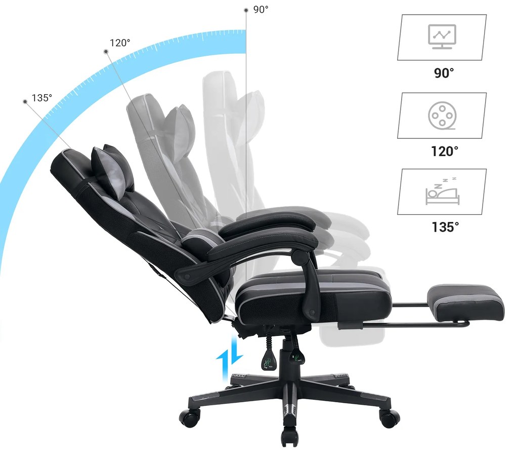 Cadeira Gaming com encosto reclinável e almofada para o apoio de cabeça Preto + cinzento