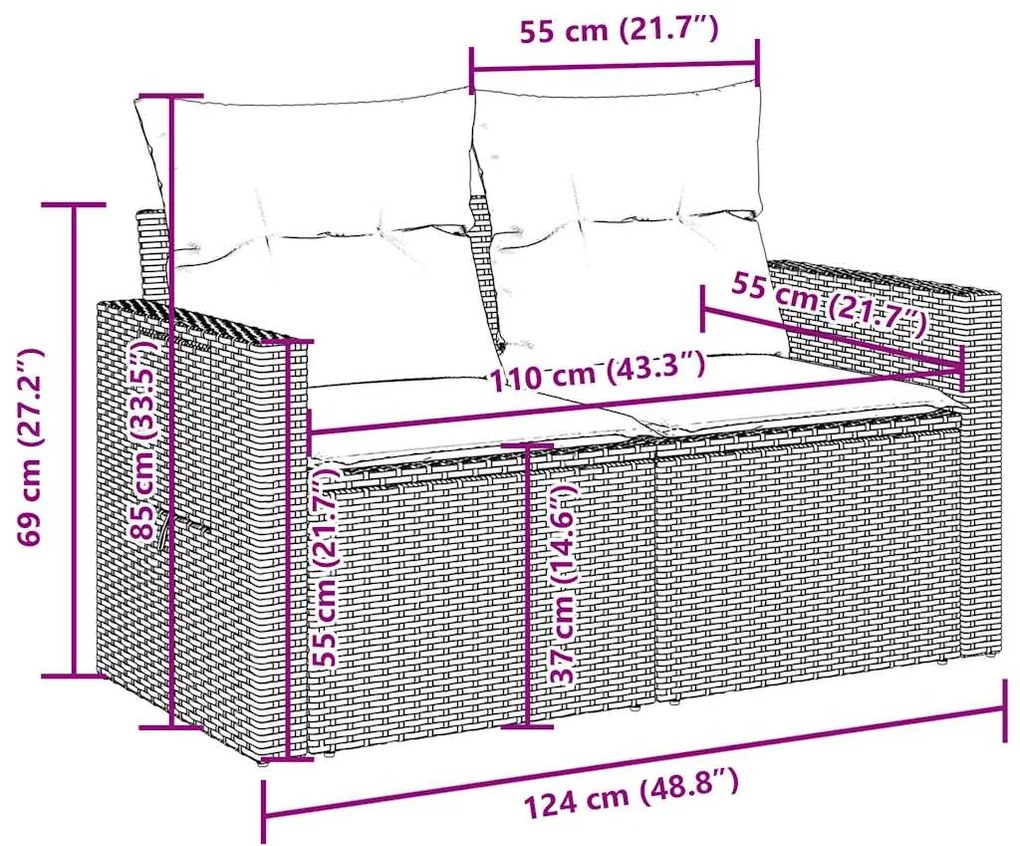 6 pcs conjunto de sofás jardim c/ almofadões vime PE castanho