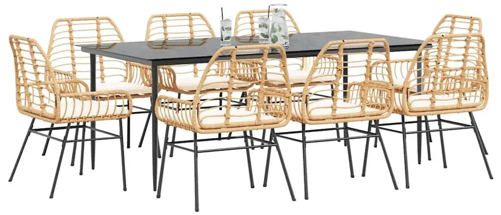 vidaXL Conjunto jantar jardim 9 peças almofadas vidro vime PE castanho