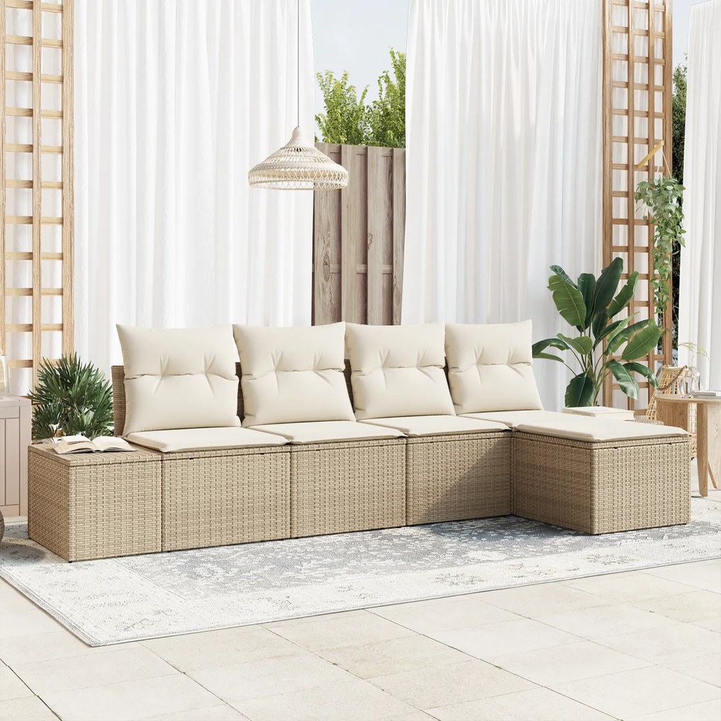 vidaXL Conjunto de Sofá de Jardim com Almofadas Bege Rattan Poliéster