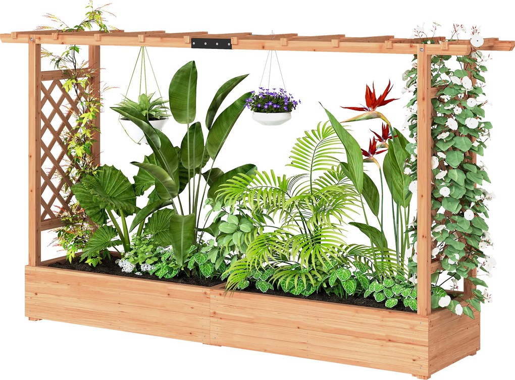 Floreira elevada com treliça lateral e superior, vaso com orifícios de drenagem, 200 x 44 x 113,5 cm, madeira natural
