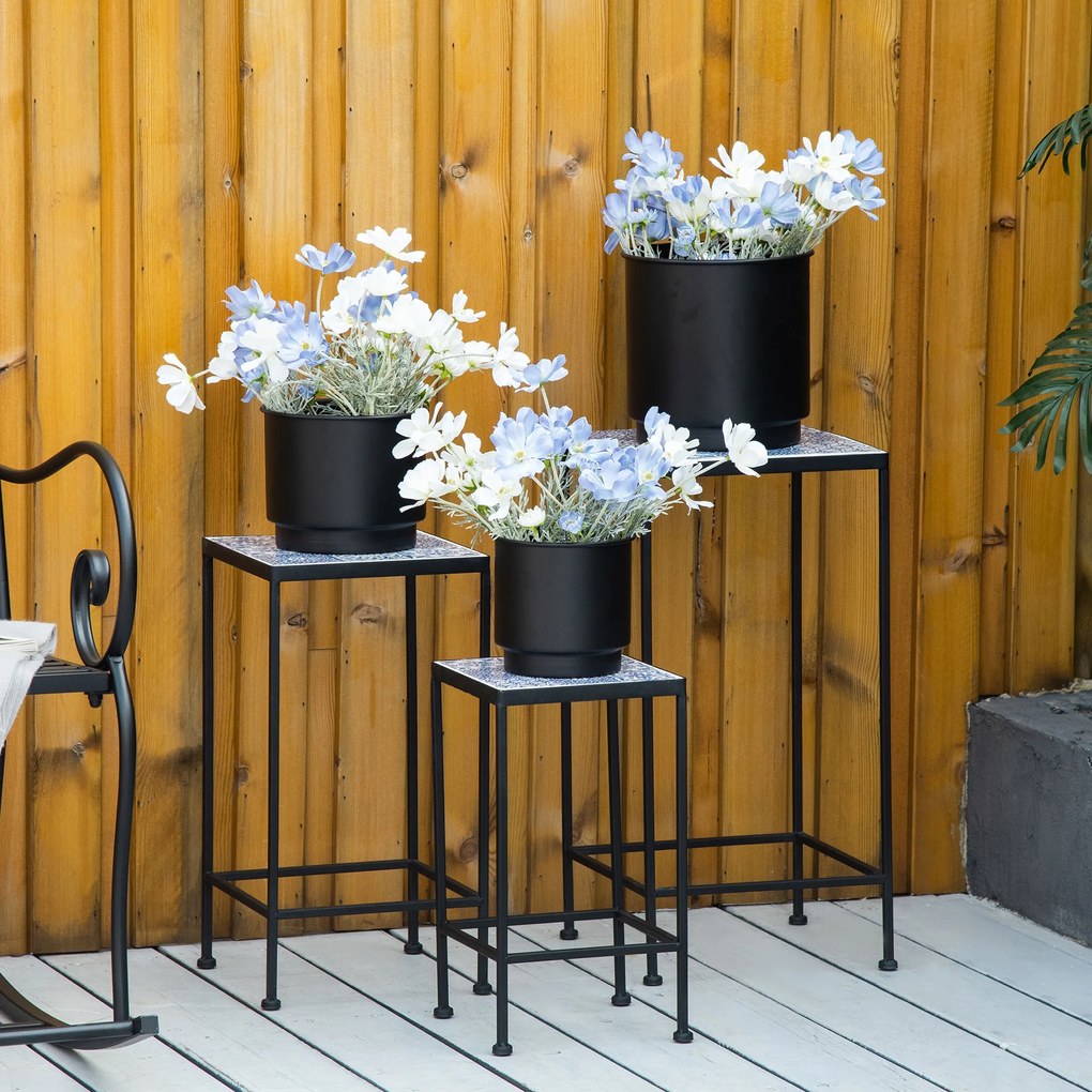 Suporte para Vasos de Metal 3 Peças Empilháveis Suporte para Plantas com Bancada de Azulejo Decorativa para Interiores e Exteriores 31,5x31,5x60,5 cm