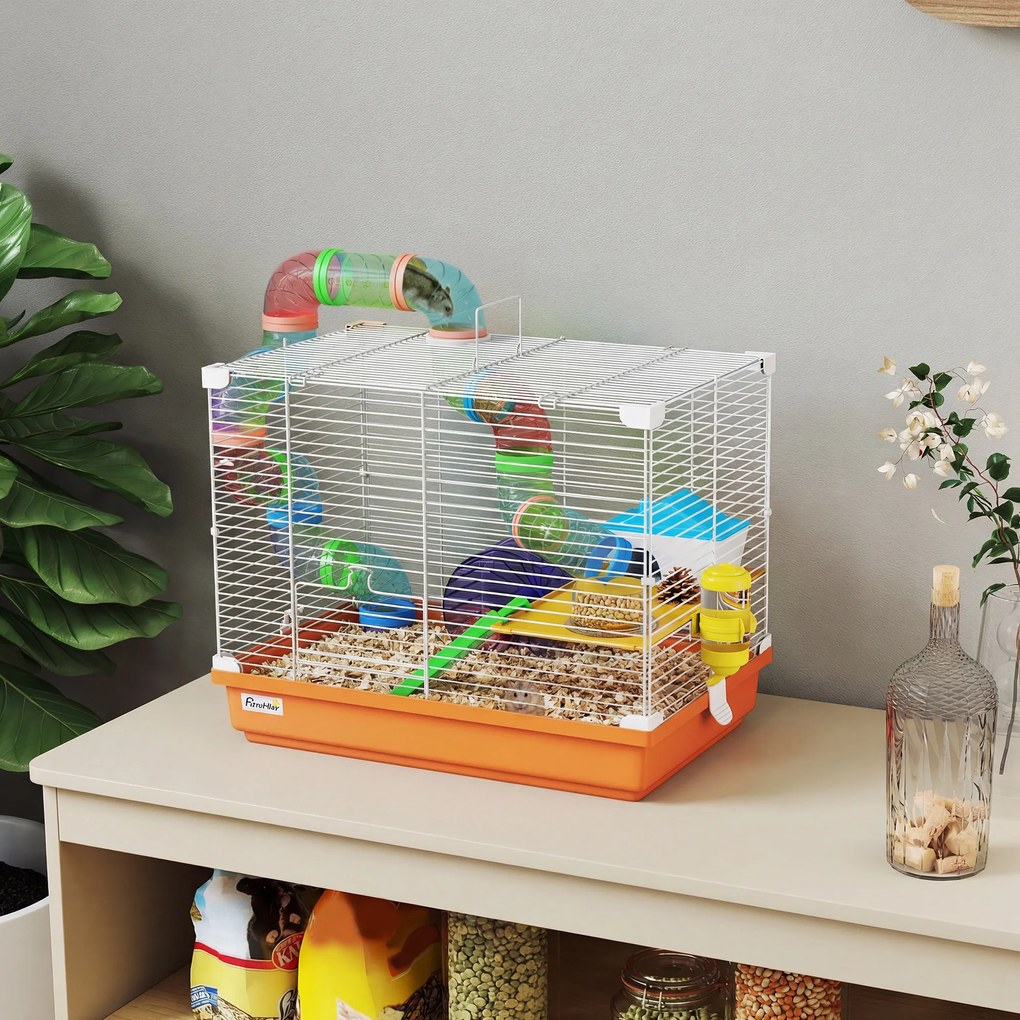 Gaiola para Hamster com Túnel Prato Bebedouro Casinha Rampa Roda de Exercício Bandeja Removível 46x30x37 cm Laranja