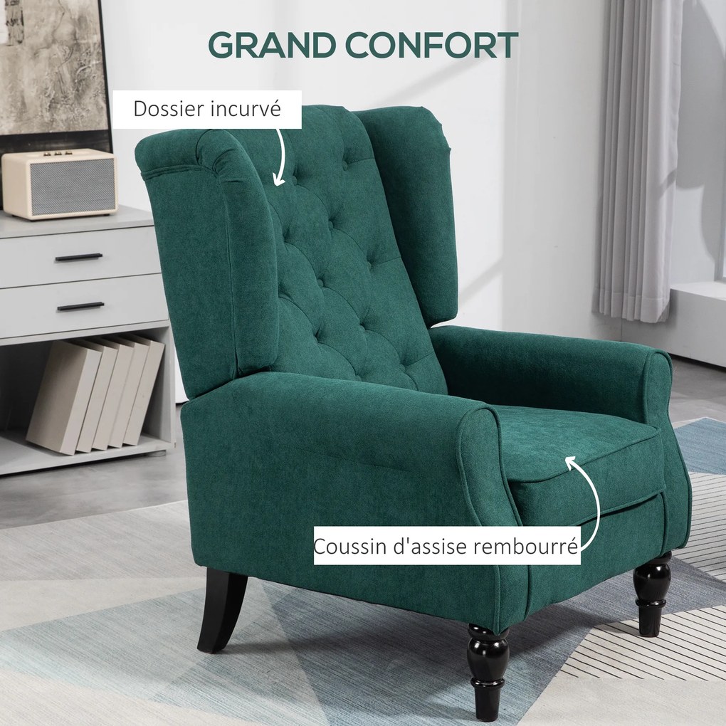 Poltrona de sala estofada com assento largo, pés de madeira, estilo clássico, grande conforto, 74 x 86 x 102 cm, verde