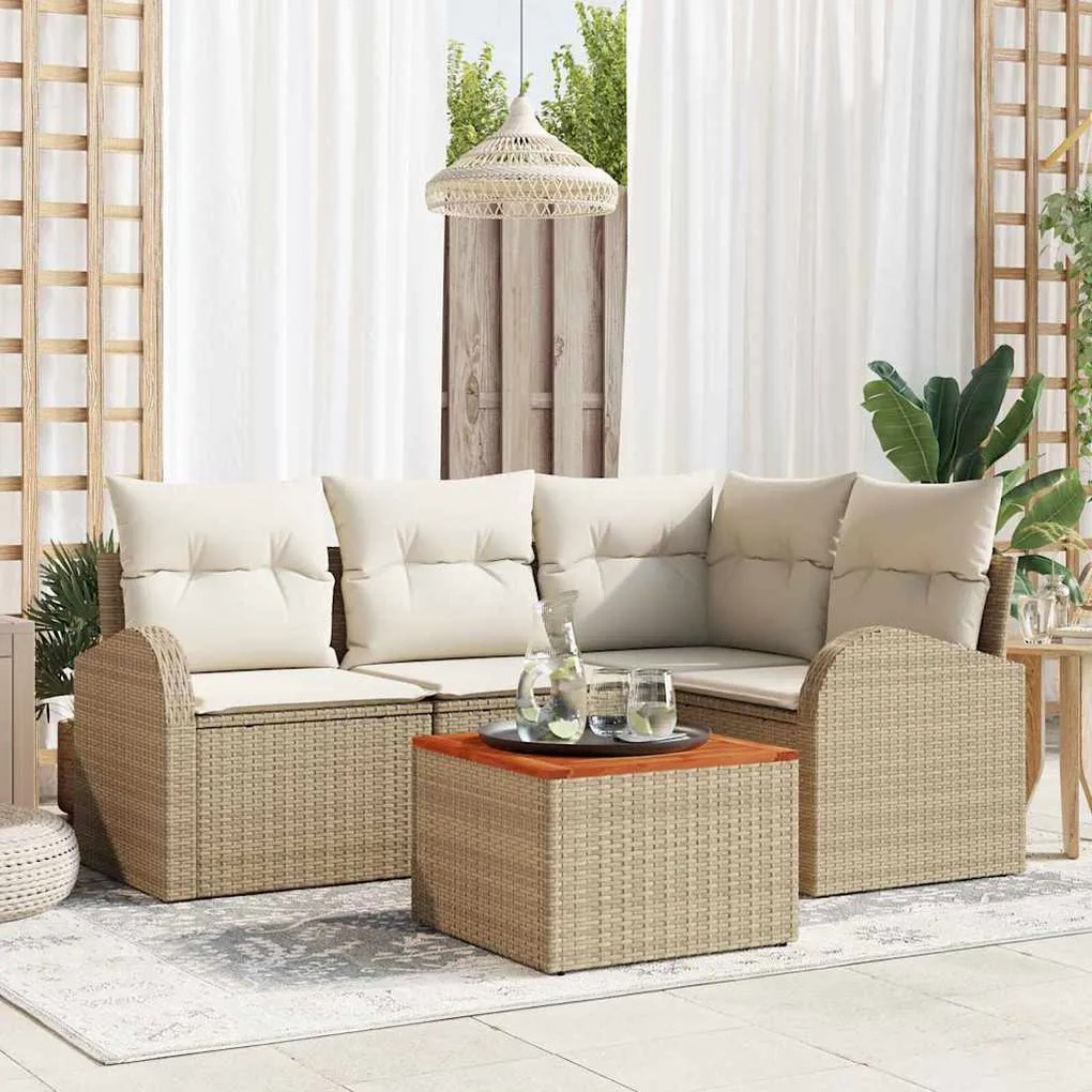 vidaXL Conjunto de Sofá de Jardim 5 Peças com Almofadas Bege em Rattan e Madeira de Acácia