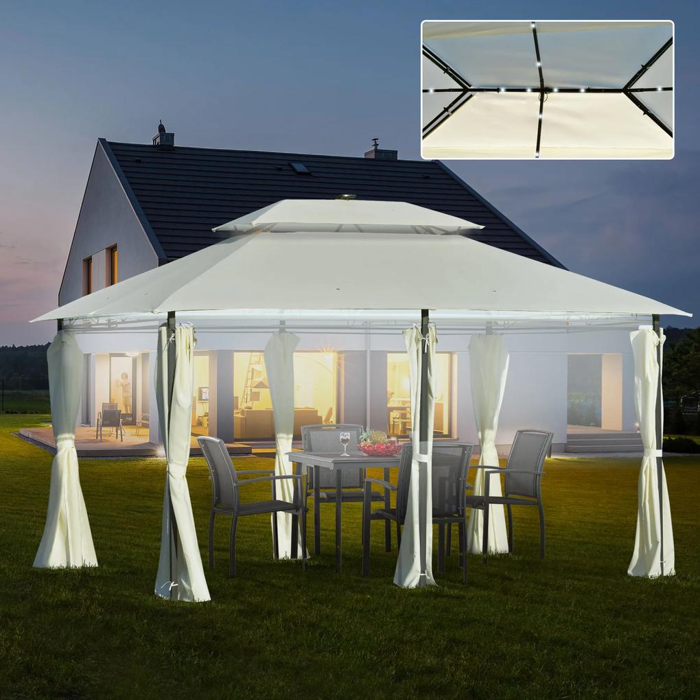 Outsunny Pérgola de jardim 4x3 m com teto duplo 6 cortinas laterais luz LED com painel solar para pátio terraço cor creme