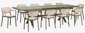 Conjunto De Mesa Retangular Extensível Karena 240-300x100 Cm E 10 Cadeiras De Jardim Empilháveis Com Apoios De Braços Omara Verde Azeitona Intenso -