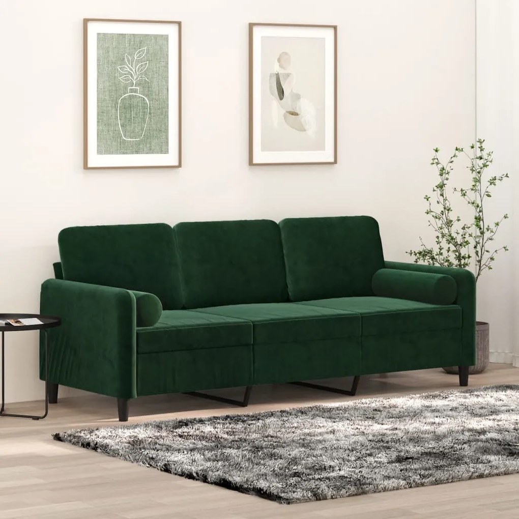 vidaXL Sofá 3 lug. c/ almofadas/almofadões 180 cm veludo verde-escuro
