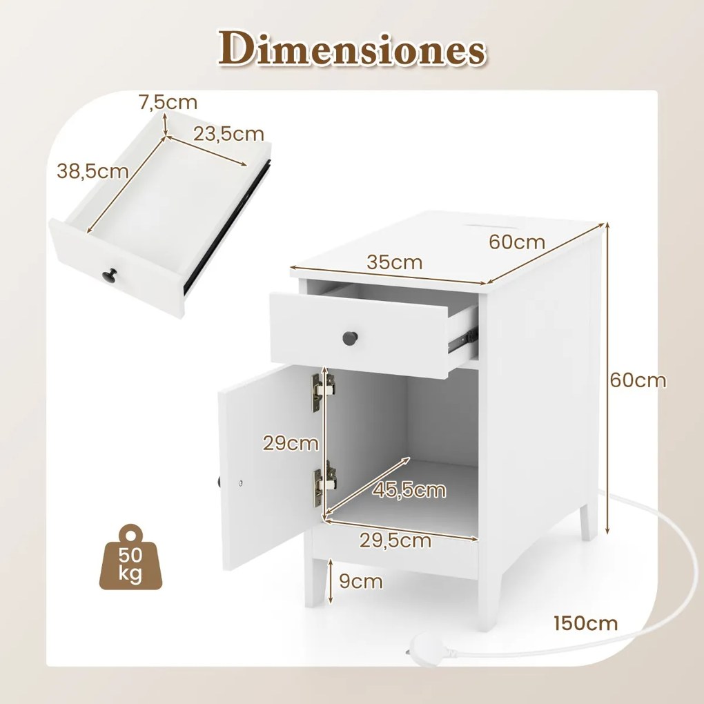 Mesa de apoio ou mesa de cabeçeira com estação de carregamento, porta USB e tomadas com gaveta branco