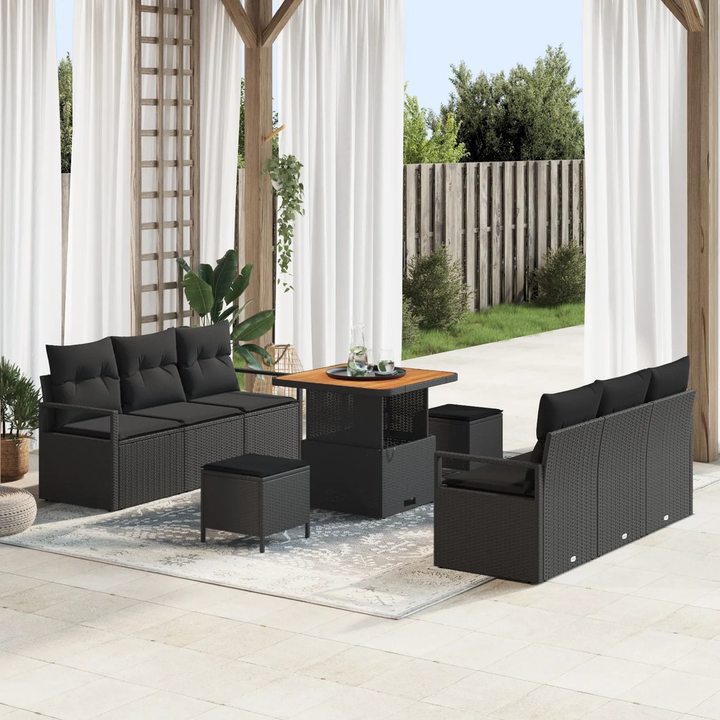 Conjunto de Sofá de Jardim de 9 Peças com Almofadas Preto Rattan Polif