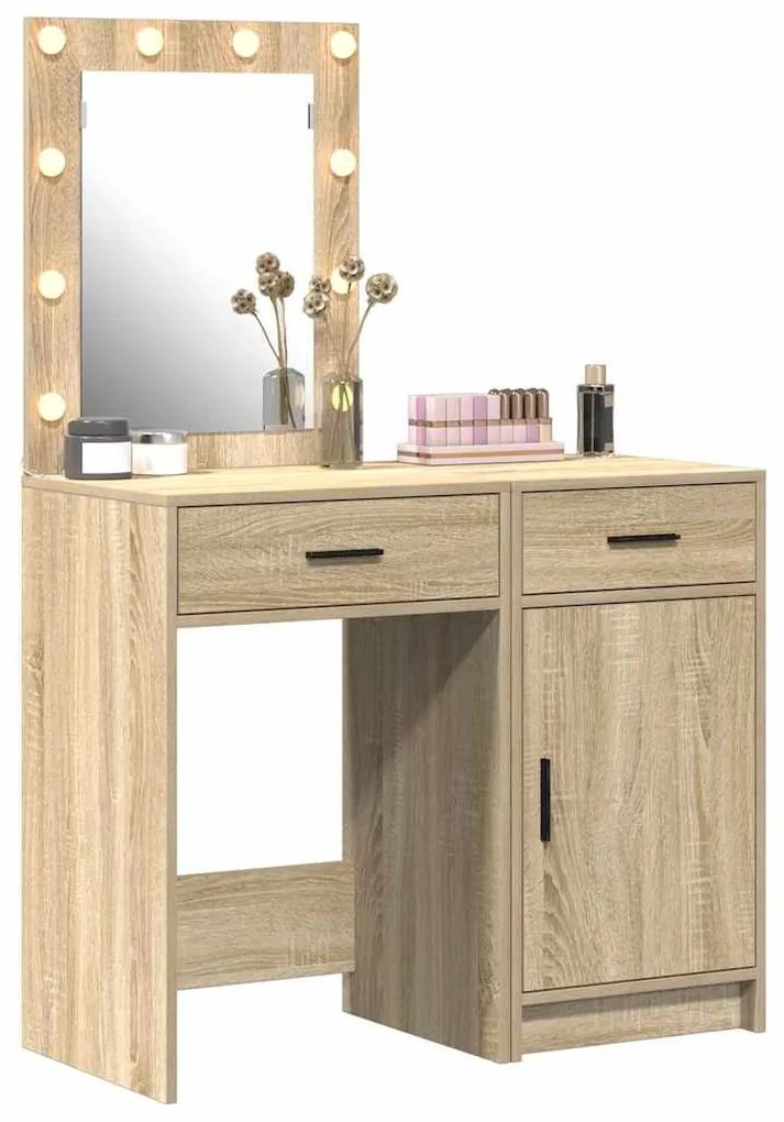 Conjunto de Pia de Maquiagem de 2 Peças com LED em Madeira de Carvalho