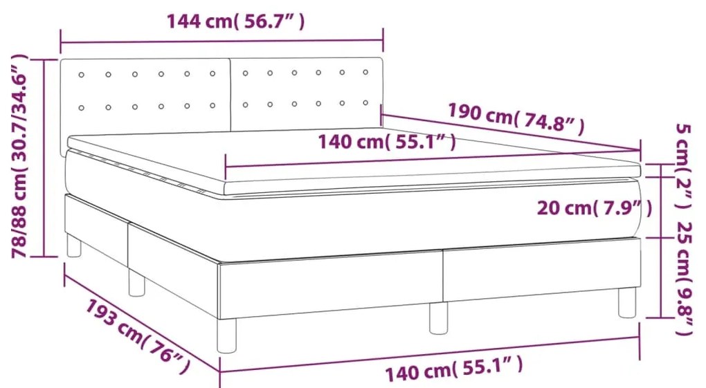 Cama box spring colchão/LED 140x190cm tecido cinza-acastanhado